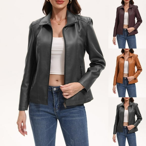 jtjvou Zip Leather Jackets for Women Vintage Long Sleeve Lapel Collar Faux Motorcycle Biker Outwear Coat with Zipper Pockets Brown L