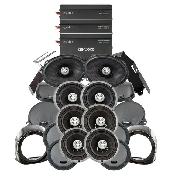 Kenwood 3 2-Channel Amplifiers with 3 Pair of 6 1/2" Speakers and 1 Pair of 6x9" Speakers and Cut-In Lid and Lower Pod Plug and Play Kit for 2014  Road Glide Ultra Liquid/Dual Cooled Motorcycles