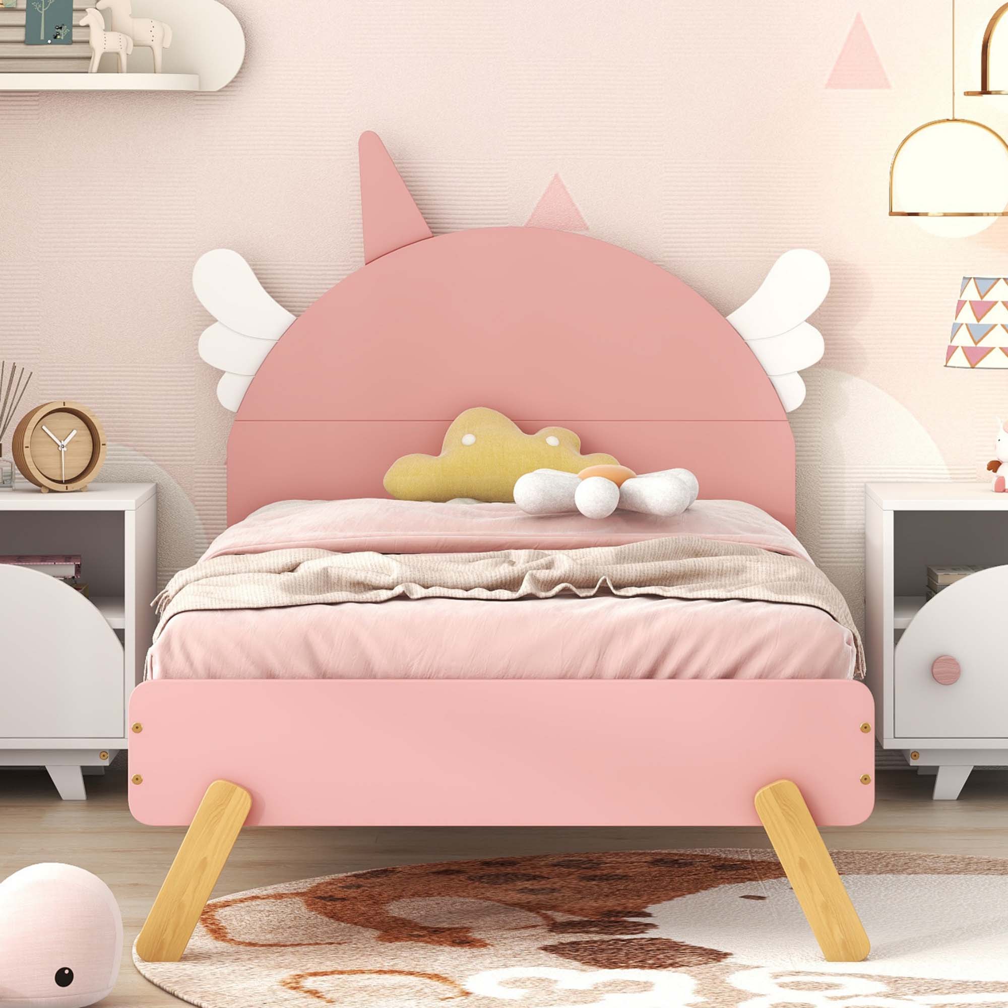 Aukfa Platform Bed with Unicorn Horn Headboard for Kids, Twin Bed Frame, Wooden - Pink