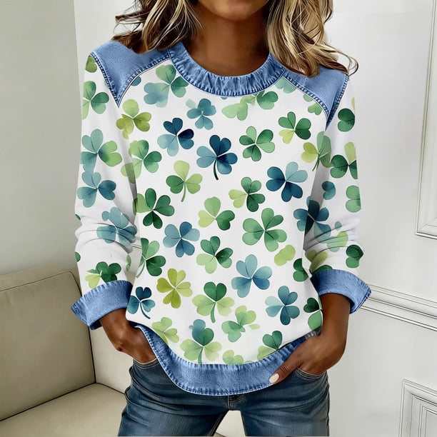 TaTaai Soft Comfy Womens Long Sleeve Shirt St Patrick Print Patchwork Round Neck Solid Color Casual Blouse Spring Daily Holiday Vacation Party Wear Gift