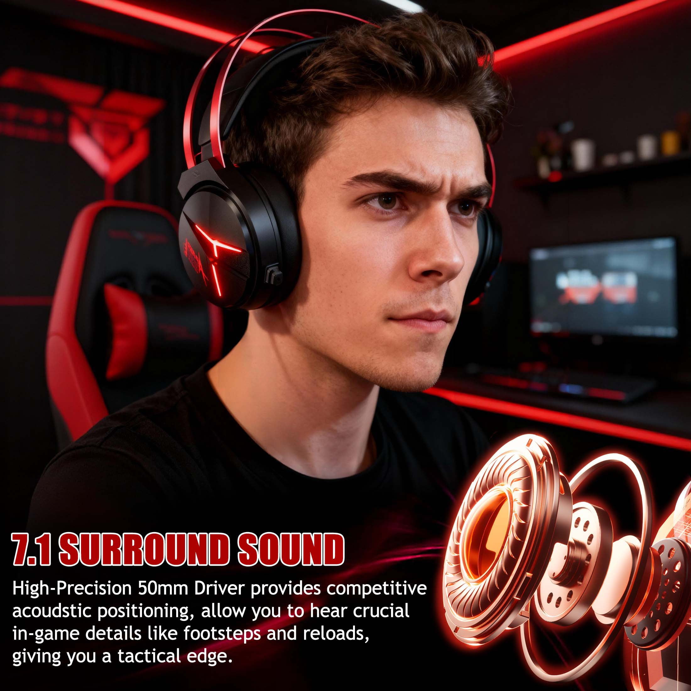 Wireless Gaming Headset with Mic, Bluetooth & 2.4GHz Over-Ear Headphone for PS5 PS4 Nintendo PC with Noise-Canceling Microphone & 7.1 Pro Surround Sound - Black Red