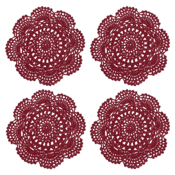 UXcell 4 Pcs Crochet Handmade Cotton Placemats, 7.9" Round Lace Doilies Coaster, Lace Gimp Tray Coasters for Crafts, Daily Kitchen Use, Tea Cup, Festivals, Home Decoration, Burgundy