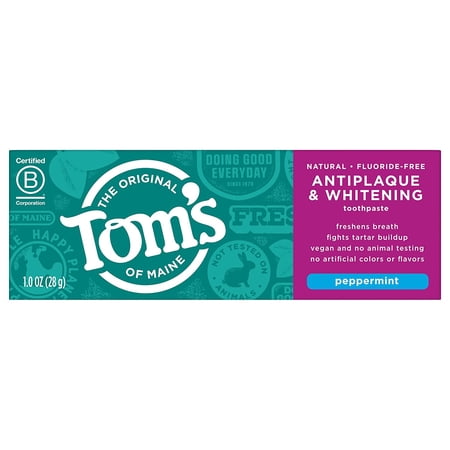 Tom s of Maine Fluoride-Free Antiplaque & Whitening Toothpaste  Travel Size  Peppermint  1 oz. 12-Pack (Packaging May Vary)