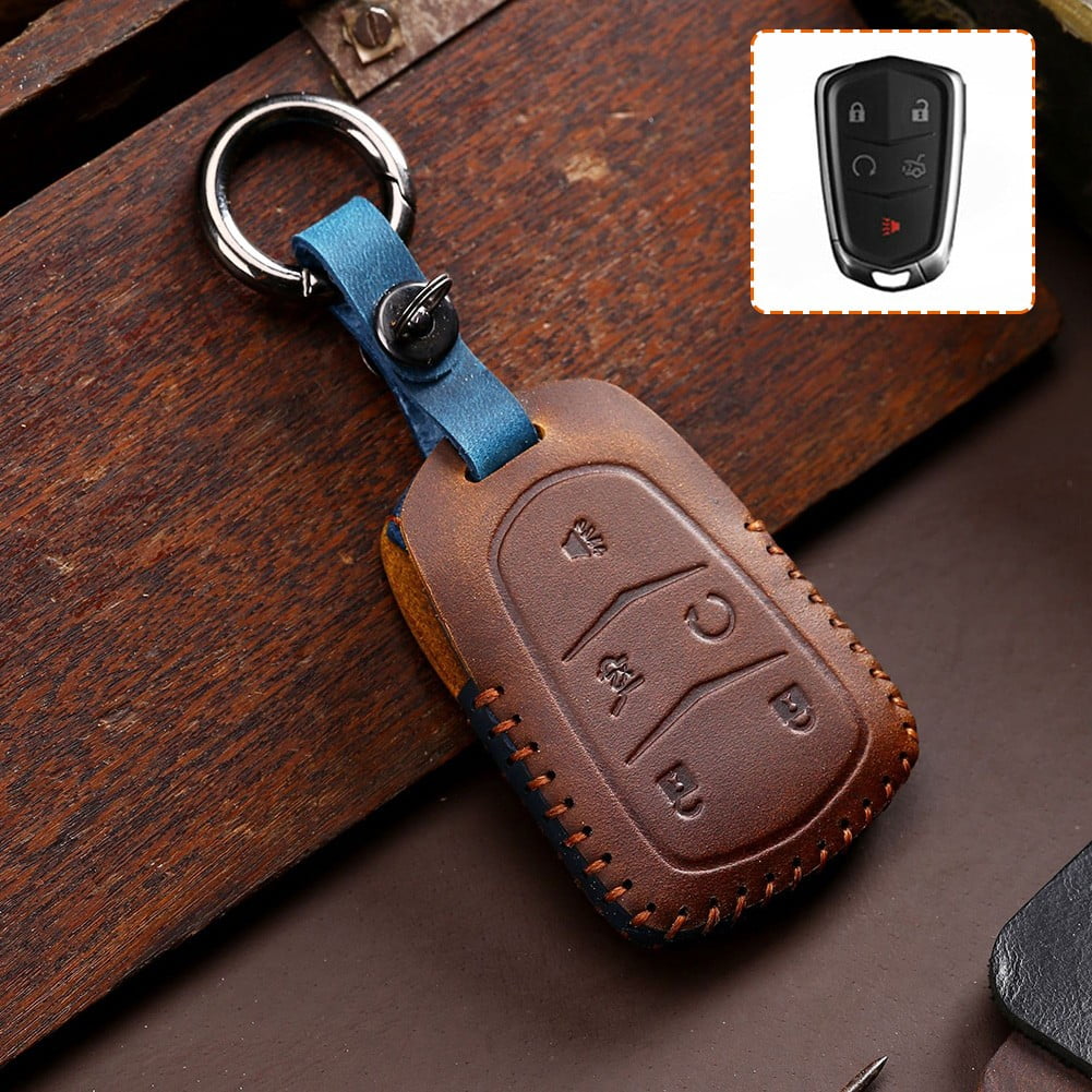 5 Buttons Leather Smart Key Fob Case Holder Chain Bag Keyring Brown For Cadillac
