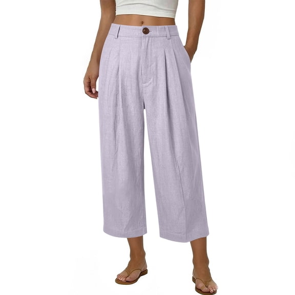 XPMWRP Women's High Waist Pleated Wide Leg Capri Pants Button Closure Casual Loose Trousers with Pockets Stretchy for Work Purple M