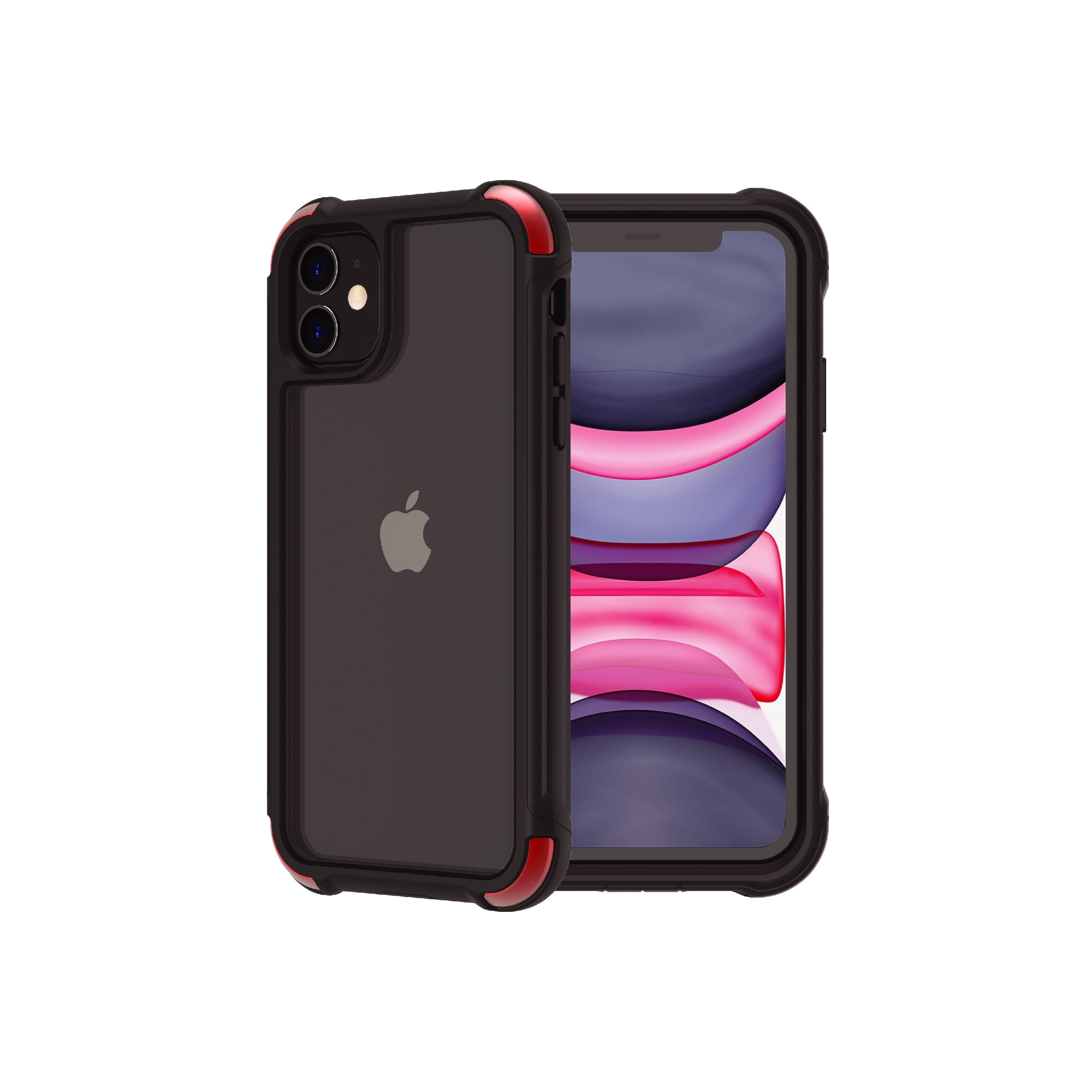 onn. Protective Dual-Layer Phone Case with Metal Corner Defense for iPhone XR, iPhone 11 - Clear with Black/Red