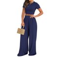 thumbnail image 3 of Liher 2 Piece Lounge Sets for Women Solid Color Navy Blue Summer Streetwear Slim Fit T Shirts and Loose Fit Flare Pant Set Clothes Size L, 3 of 4