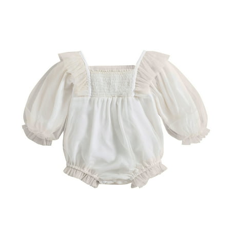 

Autumn Baby Girl Ruffle Square Neck Solid Color Mesh Long Sleeve Bodysuit 0-24 Months