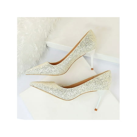 

Welliumy Womens Pumps Glitter Stiletto Heels Pointy Toe Dress Pump Wedding D’Orsay Shoe Evening Comfort Slip On Shoes White 9