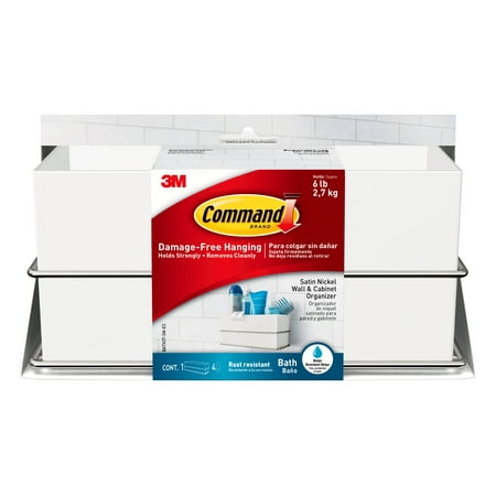 Command Bath White & Satin Nickel Wall and Cabinet Organizer, 1 Organizer, 4 Strips, Rust Resistant