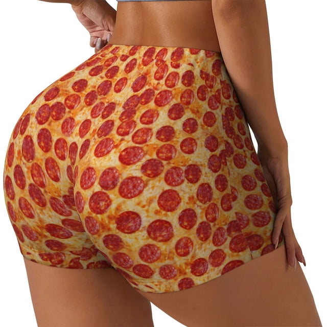 Balery Pizza Pantalones cortos de entrenamiento estampados para mujer, sin costuras, ajustados, para gimnasio, yoga, correr, deportes, ejercicio activo, fitness.-Medium