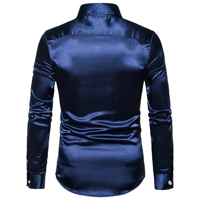 Lu's Chic Men's Silk Dress Shirt Satin Long Sleeve Collared Button Up Shirts Slim Fit Fancy Halloween Tuxedo Shirts Navy X-Large