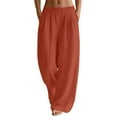 thumbnail image 2 of QATAINLAV Linen Pants Women Baggy Wide Leg Palazzo Pant Solid Casual Elastic Waist Travel Trousers with Pockets Beach Vacation Clothes, Orange, S, 2 of 9