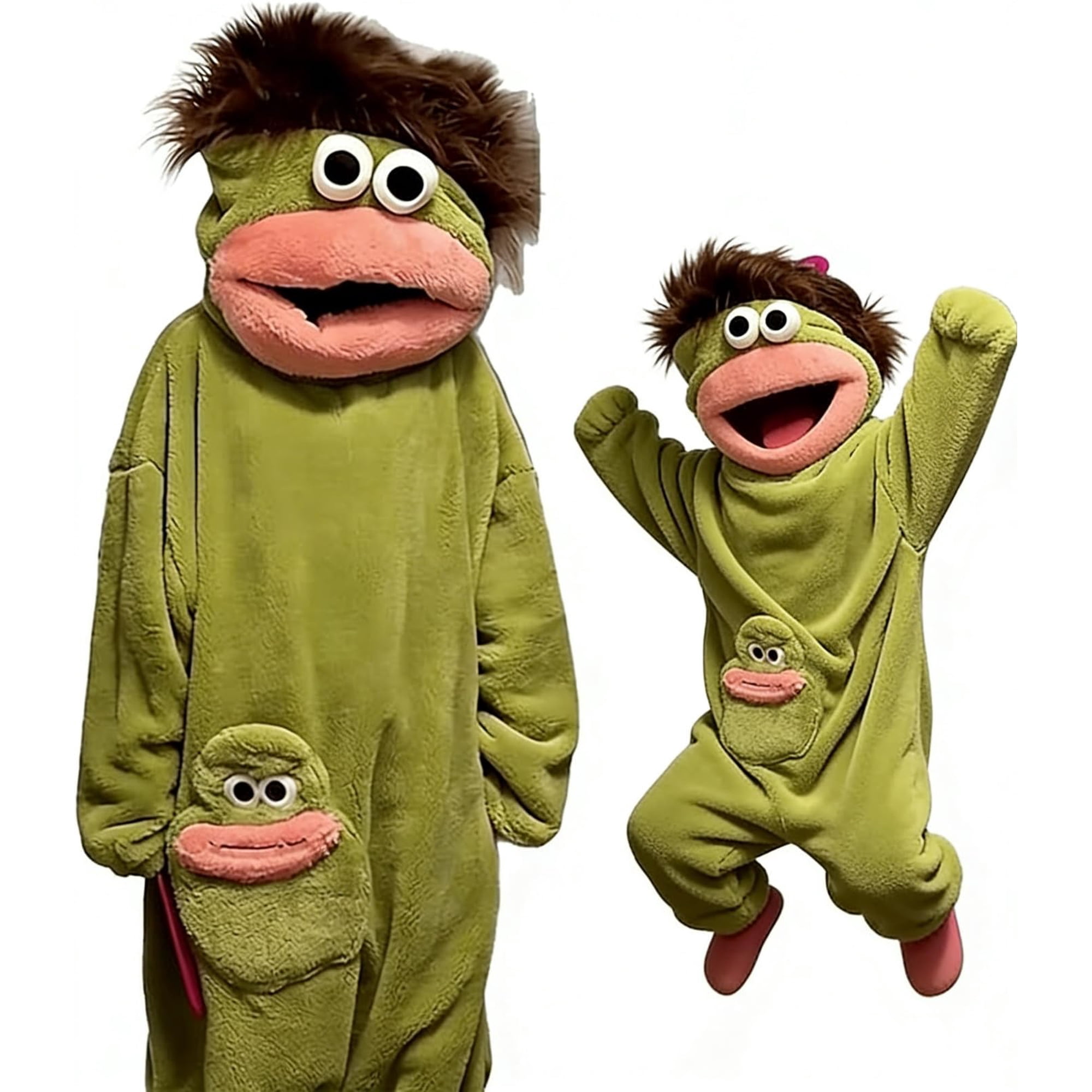 Silly Goofy Onesie for Adults - Frog Onesie Cute Funny Monster Pajamas Fleece Jumpsuit Hooded Cozy Relaxed Fit Plush Loungewear (No Shoes Included and Comb) Green S