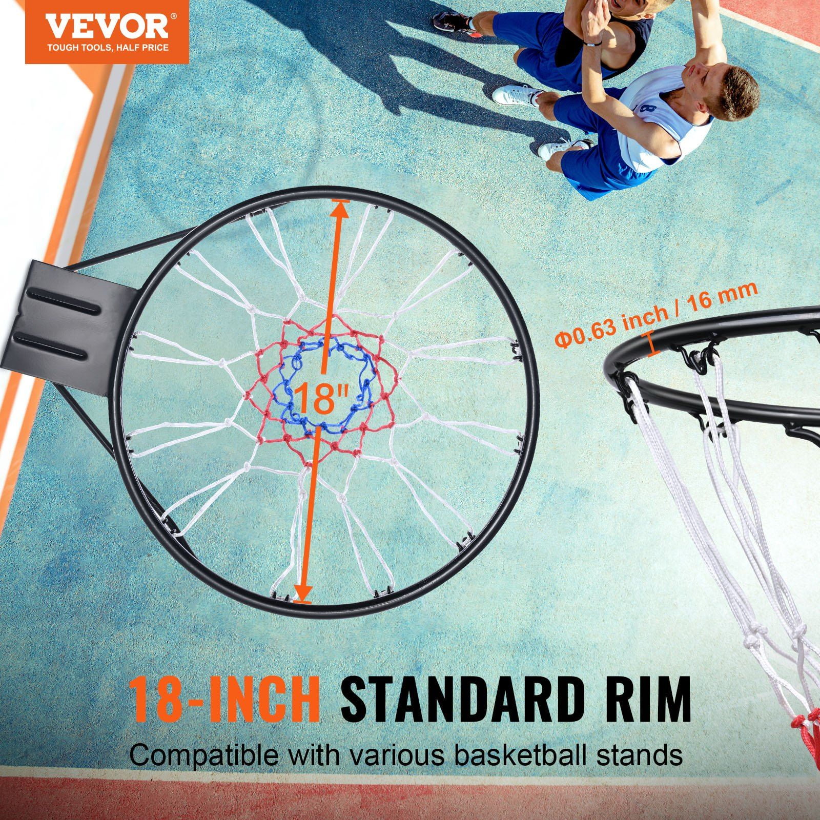 Basketball Rim, Wall Door Mounted Basketball Hoop, Heavy Duty Q235 Basketball Flex Rim Goal Replacement with Net and Double Spring, Standard 18" Indoor Outdoor Hanging Hoop for Kids Adults