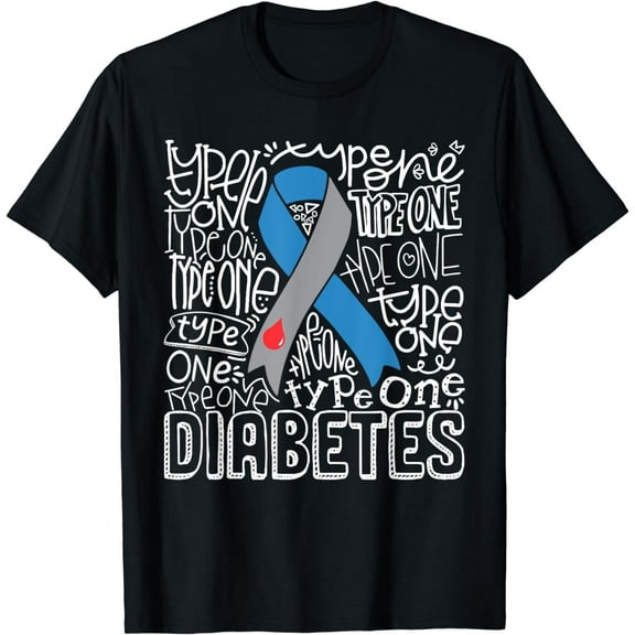Grey And Blue Ribbon Typography Type 1 Diabetes Awareness T-Shirt