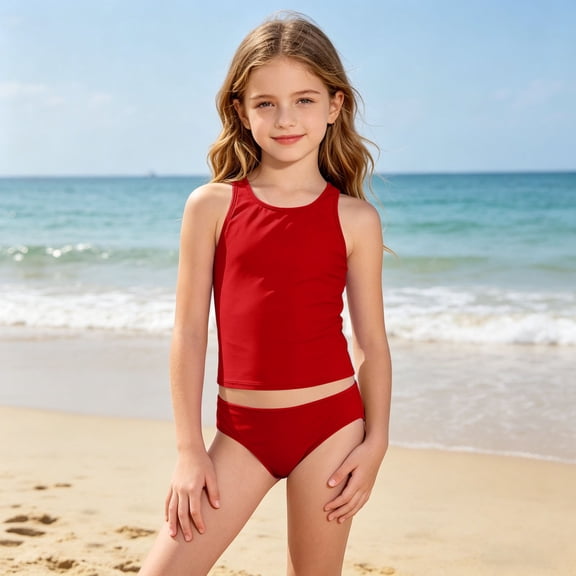 Girls' Two Piece Swimsuit Tank Top Sets Bikini Bottom and Racerback Tankini Set Summer Beach Swimwear(Red,14-16 Years)