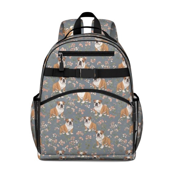 Bulldog and Floral Blue Pattern Cute School Backpack Bag for School with Padded Back and Adjustable Shoulder Straps 15.25"x11.5"x5.25"