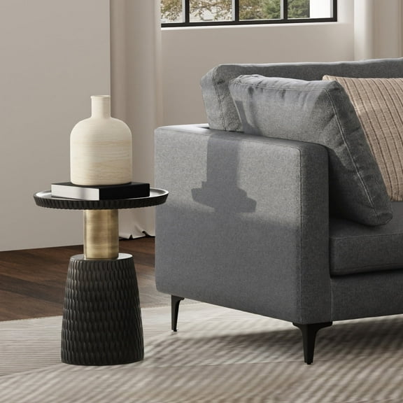 Simpli Home Breanna SOLID MANGO WOOD and Metal 16 inch Wide Round Contemporary Side Table in Black, Gold