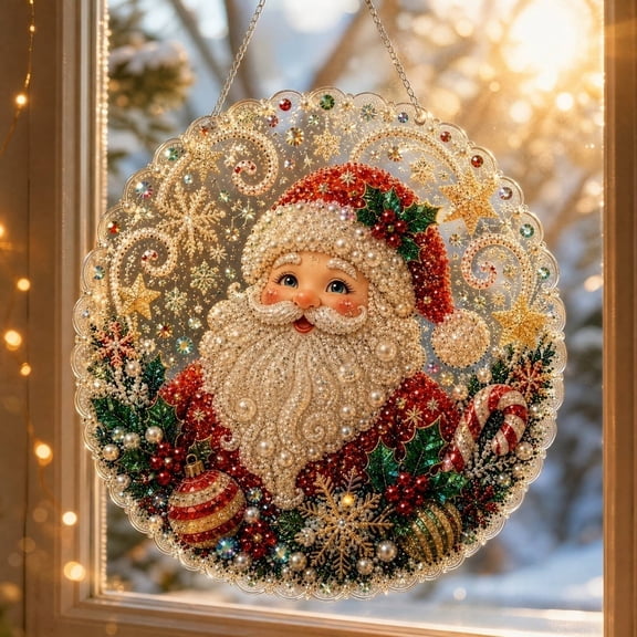 2026 Christmas Pearl Diamond Painting Suncatcher Kit, DIY Craft (8in) | Pre-Assembled Metal Chain, Acrylic Round Board with Lace Edge, 2D Mixed-Sized Pearl Beads Craft, Festive Window Wall Decor