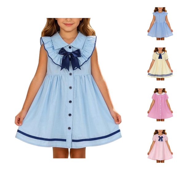 Antinious Girls Solid Collared Short Sleeve Puff Sleeve Versatile School Uniform Dresses