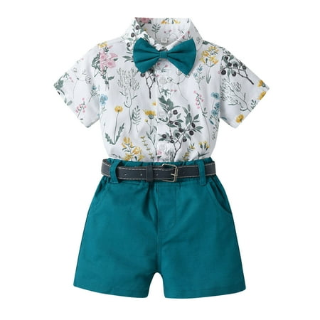 

HIBRO Toddler Boys Short Sleeve Shirt Tops Shorts With Tie Belt Child Kids Gentleman Outfits Size 7 Boy Sweatsuit Outfits Toddler Button down Shirt