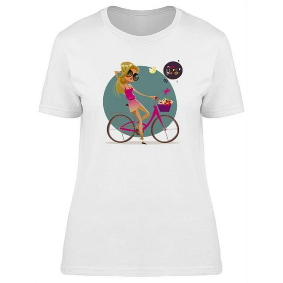 Cute Blonde Girl On Bicycle T-Shirt Women -Image by Shutterstock, Female x-Large