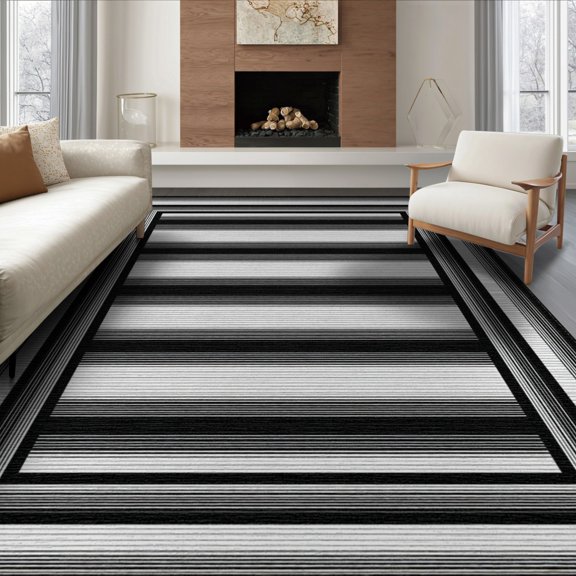 ODIKA 8'x10' Washable Area Rug Durable, Non-Slip Under Door Horizontal Bands Minimalist Contrast Monochrome Striped for Living Room, Sectional, Family