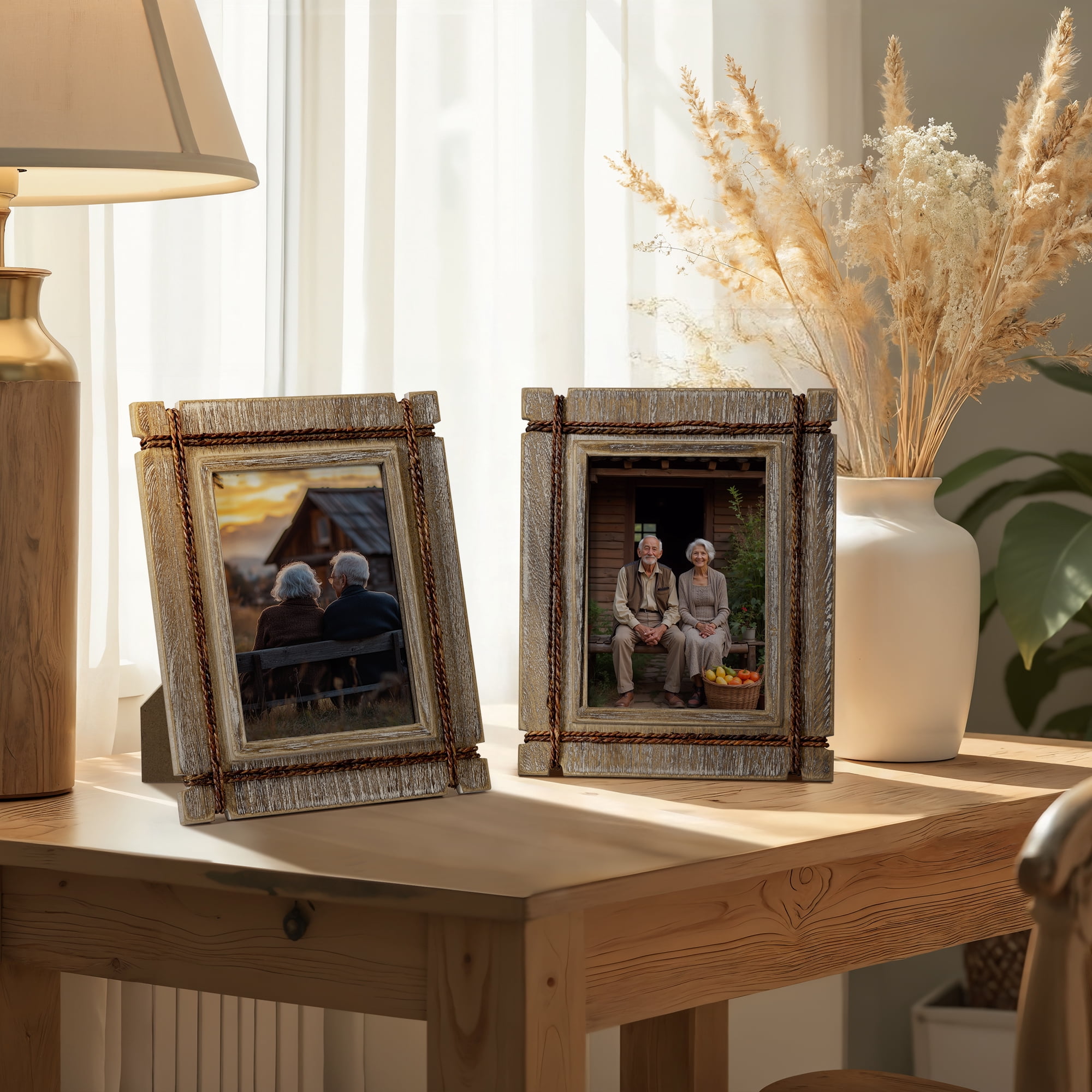 Afuly Rustic Picture Frames 5x7 Wooden Picture Frame Set of 2, Barnwood Distressed Western Vintage Photo Frames with Real Glass, Wall & Tabletop Display, Housewarming Wedding Gifts