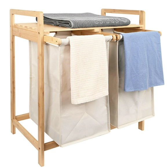 Bamboo Laundry Hamper with Top Storage Shelf, Dual Laundry Sorter Basket Bathroom Laundry Station with Sliding Handles