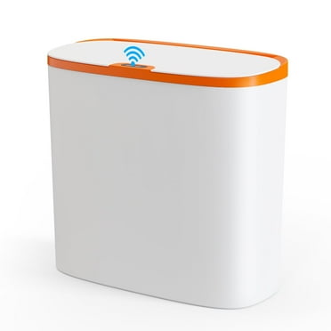 TINANA Automatic Sensor Trash Can: 3.7 Gallon Plastic Garbage Bins, 14L Waterproof Touchless Slimline Wastebasket for Bathroom, Bedroom, Kitchen, Office, White with Orange Trim