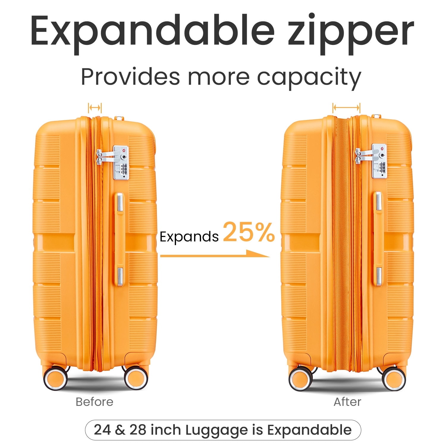 Orange 4-Piece Luggage Set (14/20/24/28") PP Hardshell Suitcase - Lightweight & Durable, Expandable, Spinner Wheels, Travel Ready