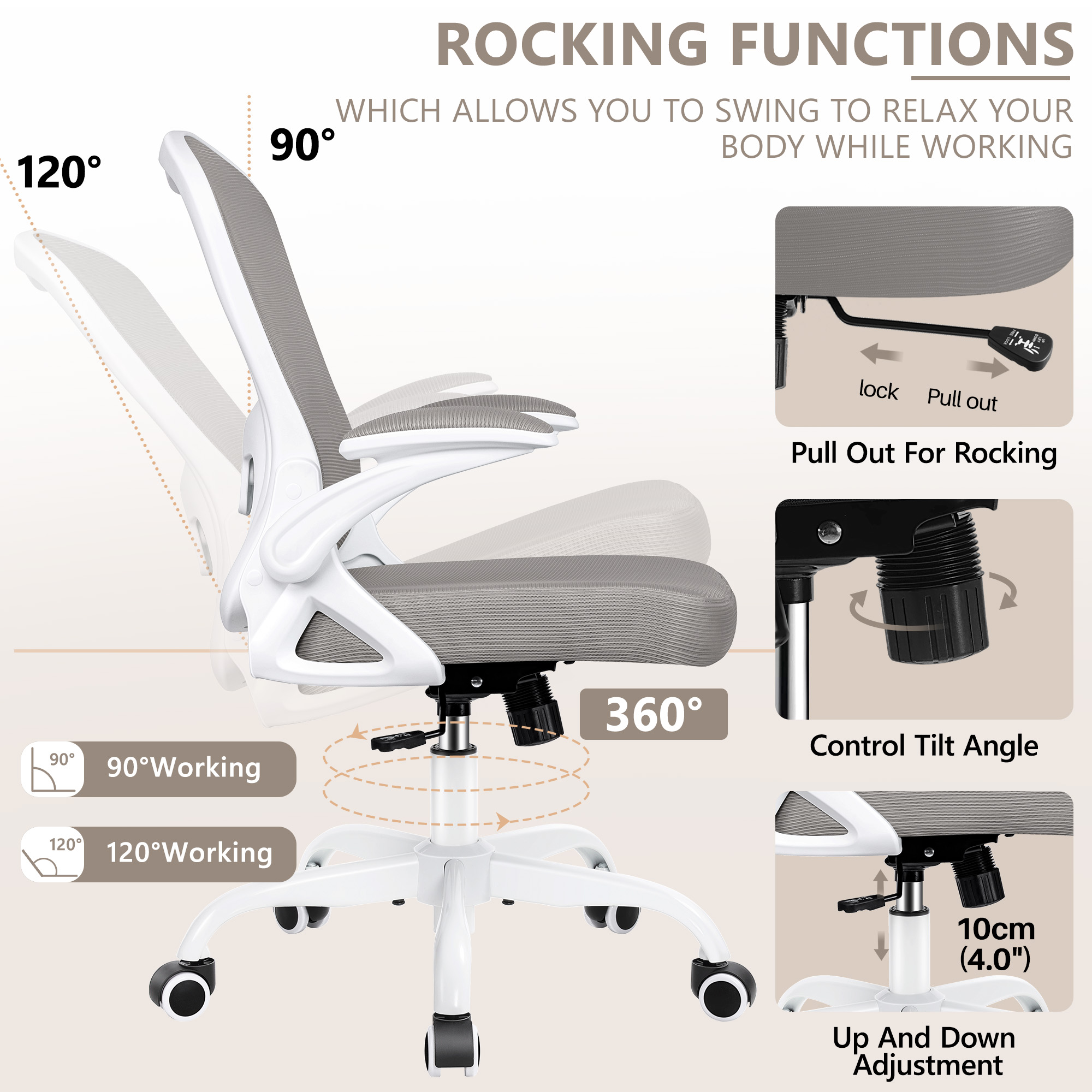 ATHOPE Office Chair, Ergonomic Desk Chair with Flip Up Armrests, Height Adjustable Computer Chair with Lumbar Support, Gray
