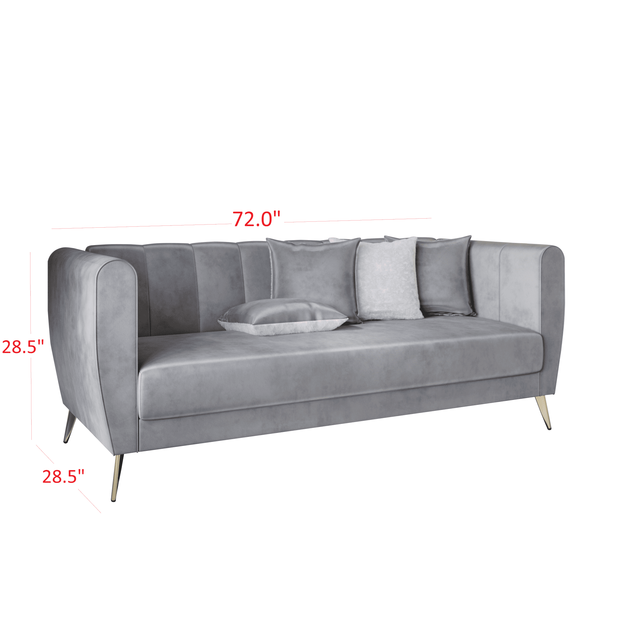 Home Design Scarlett Velvet Flared Arm 3-Seater Sofa with 4 Throw Pillows, Vertical Channel Tufting and Metal Legs, Modern Luxury, Silver Gray
