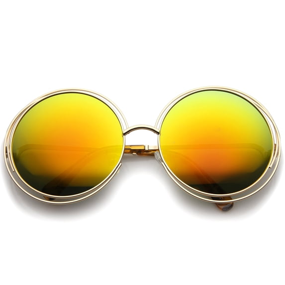 sunglassLA Unisex Women's High Fashion Oversize Wire Frame Mirror Lens Round Sunglasses (Gold / Orange Mirror) - 61mm