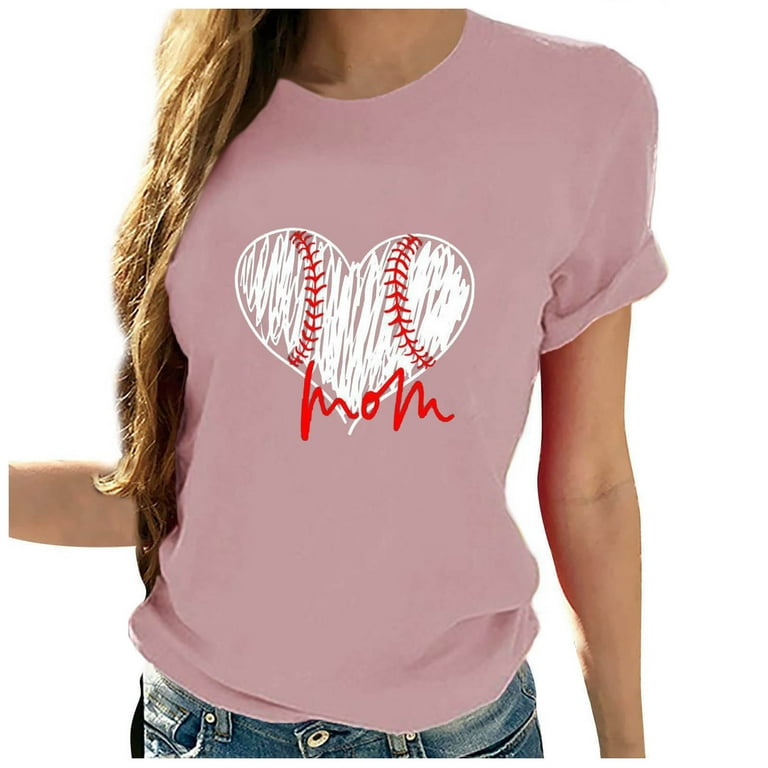 Baskuwish Cute Baseball Shirt Women Baseball Heart Tee Shirts Short Sleeve Crew Neck Casual Summer Graphic Tee Shirts Top, Women's, Size: Medium, Pink