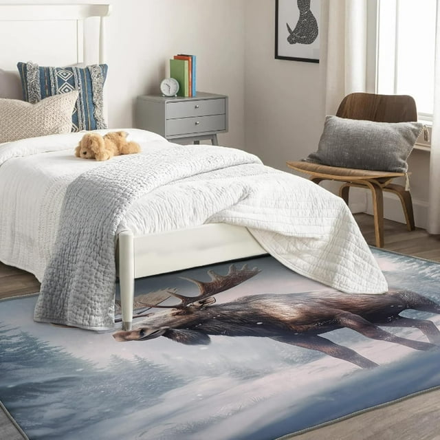 Moose Rug 4x5 Area Rugs for Bedroom Living Room, Wildlife Area Rug, Wild Animal Carpet Machine Washable Non-Slip Rug, Soft Low Pile Area Rug, Indoor Decorative Rugs d&ip136