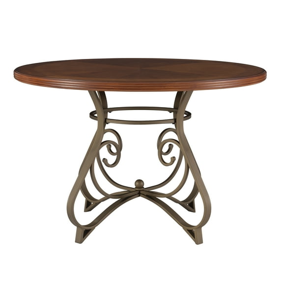 Roselyn 45" Round Dining Table, Brushed Faux Medium Cherry Wood with "Matte Pewter and Bronze" Metal