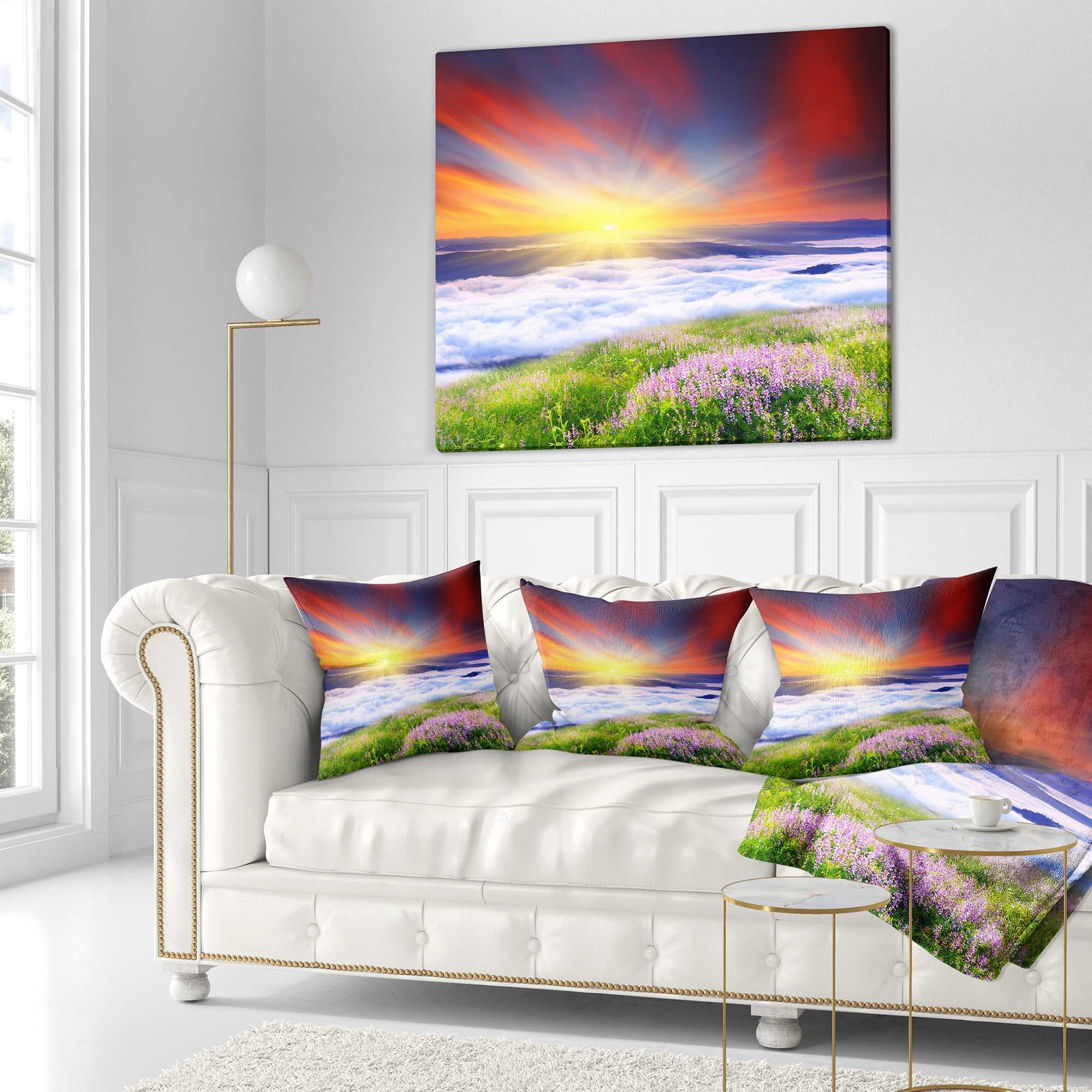 Designart Sunrise with Blooming Flowers - Landscape Printed Throw Pillow - 18x18