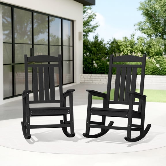 KINGYES HDPE Outdoor Rocking Chairs Set of 2, Patio Rocking Chairs for Porch, Deck Lawn Yard, Black