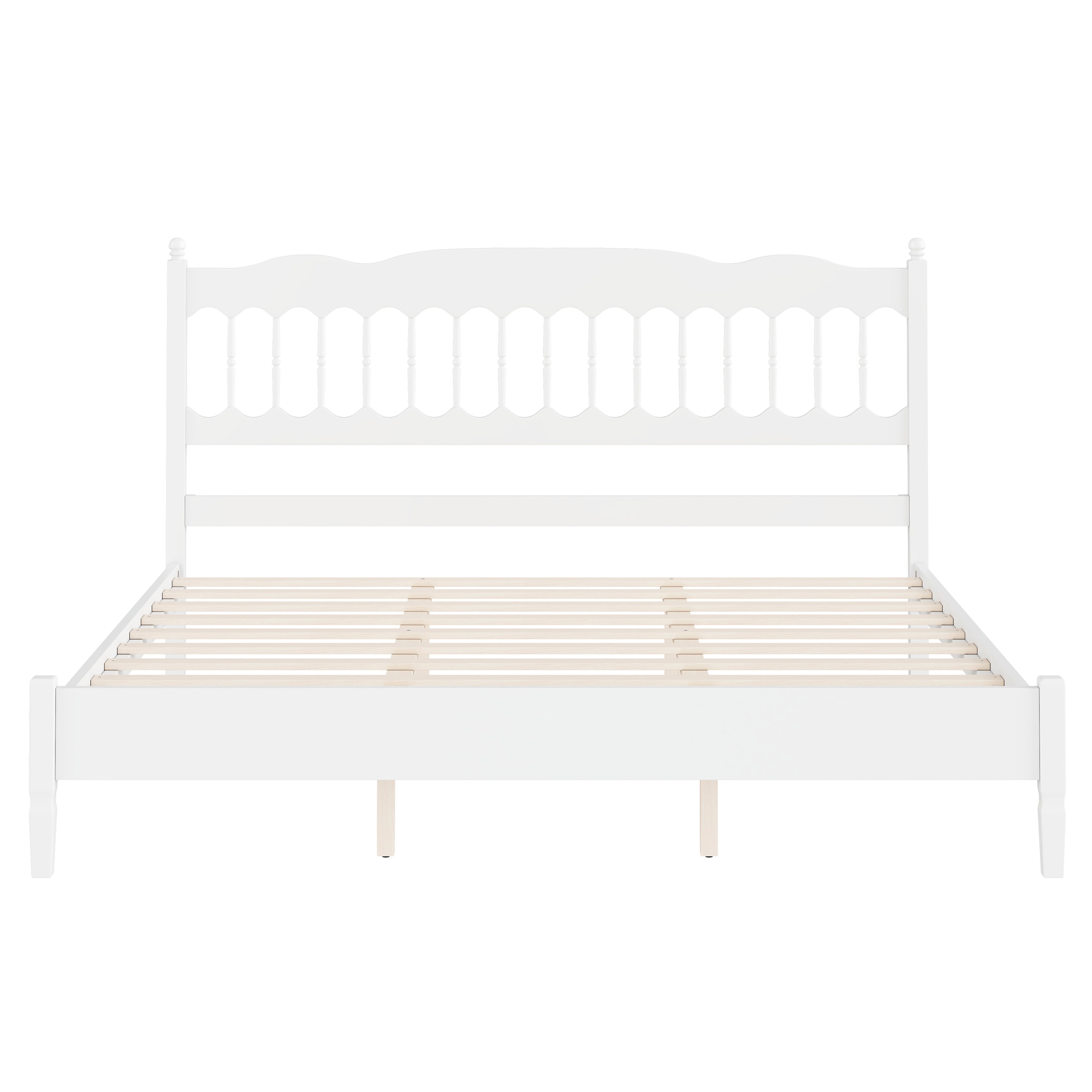 Mintazer Farmhouse King Platform Bed with Spindle Headboard, Vintage Arched Slat Platform Bed Frame for Bedroom, No Box Spring Required, White