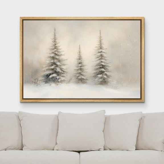 IDEA4WALL Framed Canvas Art Wall Decor Snow-Covered Pine Trees Tranquil Winter Forest Scene Antique Retro Illustrations Black and White Print for Dorm Home Office - 16"x24" Natural