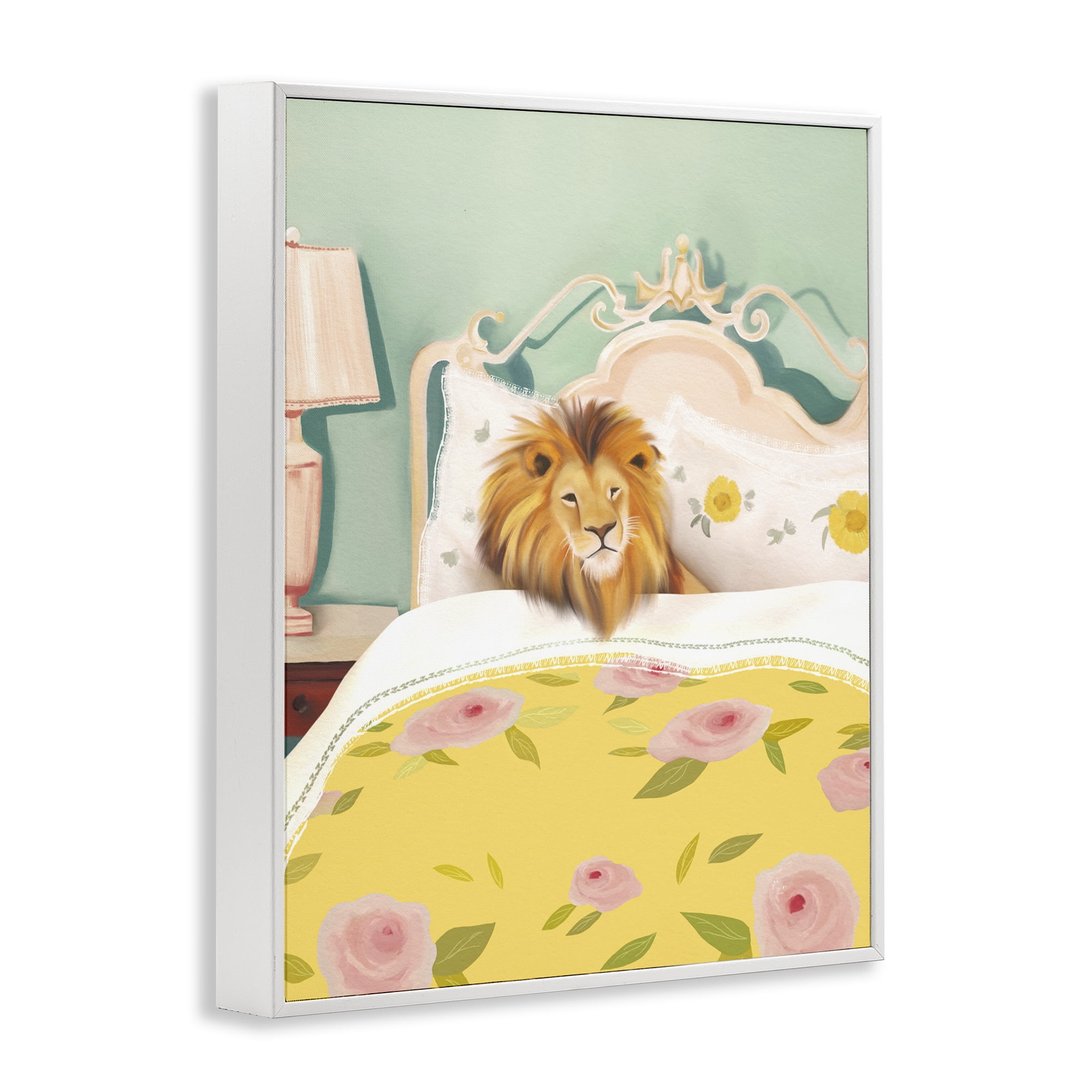 Good Morning Lion in Bed White Framed Giclee Art, design by Leah Straatsma