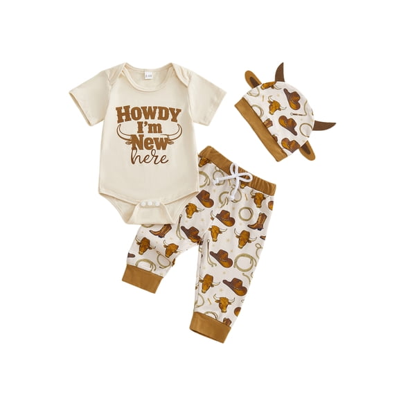 BemeyourBBs I'm New Here Baby Boys Western Cowboy Hat Outfits Coming Home Outfit Boots Cattle Head Print Short Sleeve Romper Pants Set Hat Spring Summer Clothes