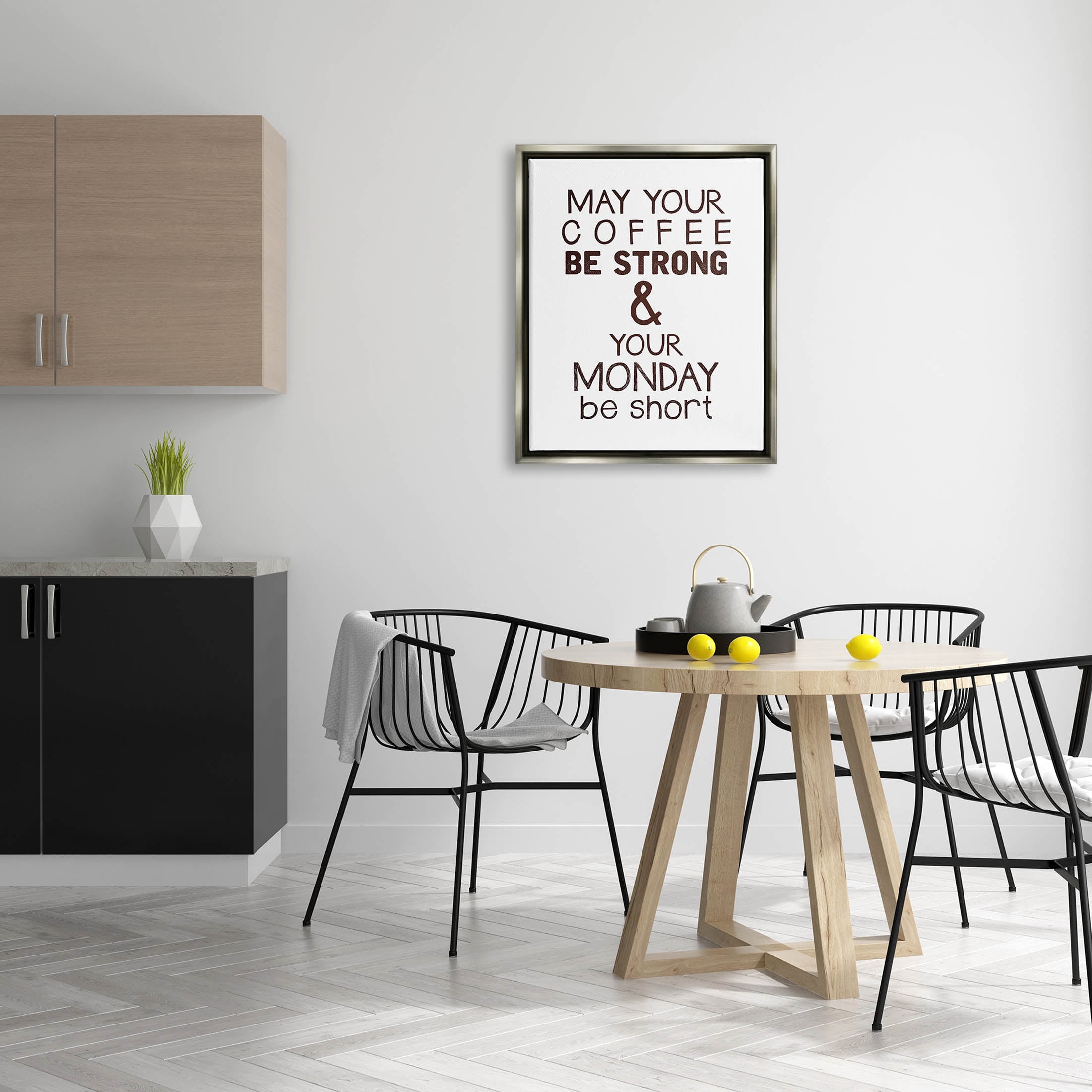 Stupell Industries Strong Coffee & Short Monday Funny Graphic Art Luster Gray Floating Framed Canvas Print Wall Art, Design by K. Kaufman