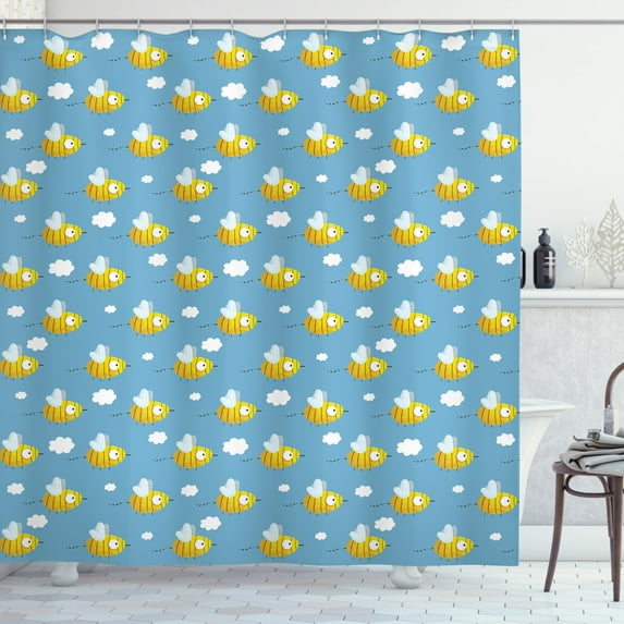 Bee Shower Curtain, Cute Hand-Drawn Bees with Wings and Enourmous Eyes Flying in the Blue Sky with Clouds, Fabric Bathroom Set with Hooks, 69W X 75L Inches Long, Multicolor, by Ambesonne