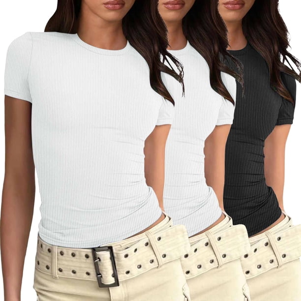 Camiseta básica de manga corta ajustada para mujer: camiseta de poliéster ajustada, top informal de verano, tallas S-XXL, estampado floral, apta para múltiples ocasiones