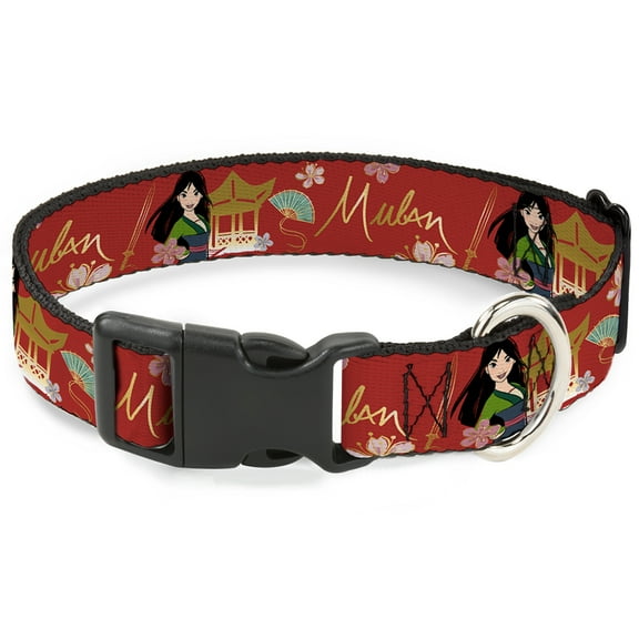 Disney Pet Collar, Dog Collar Plastic Buckle, Mulan Gazebo Pose with Flowers and Script Red Golds, 7 to 8.5 Inches 0.5 Inch Wide