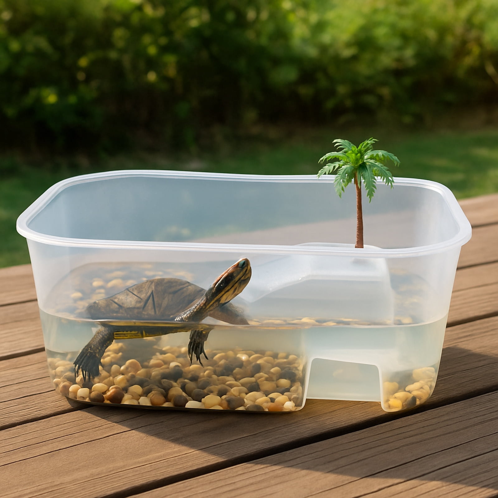 Deluxe Aquatic , Aquarium Box for Turtle Reptile Habitat Tank with Basking Ramp Platform Plants White