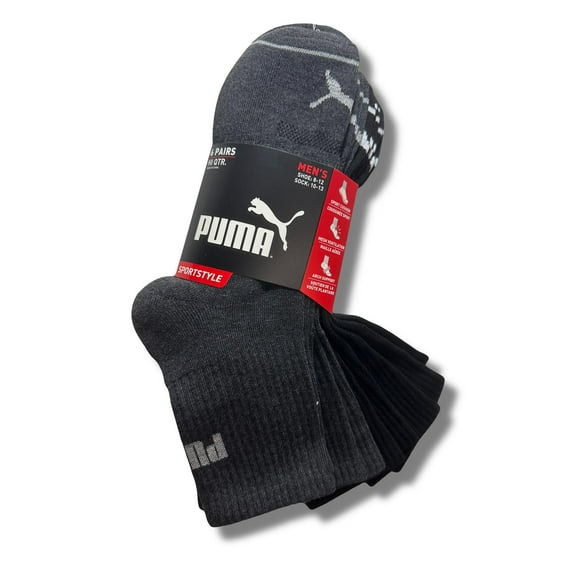 PUMA SOCKS MEN'S - HI QUARTER 243 - SOLID BLACK GREY - LARGE (10-13)- PACK 6